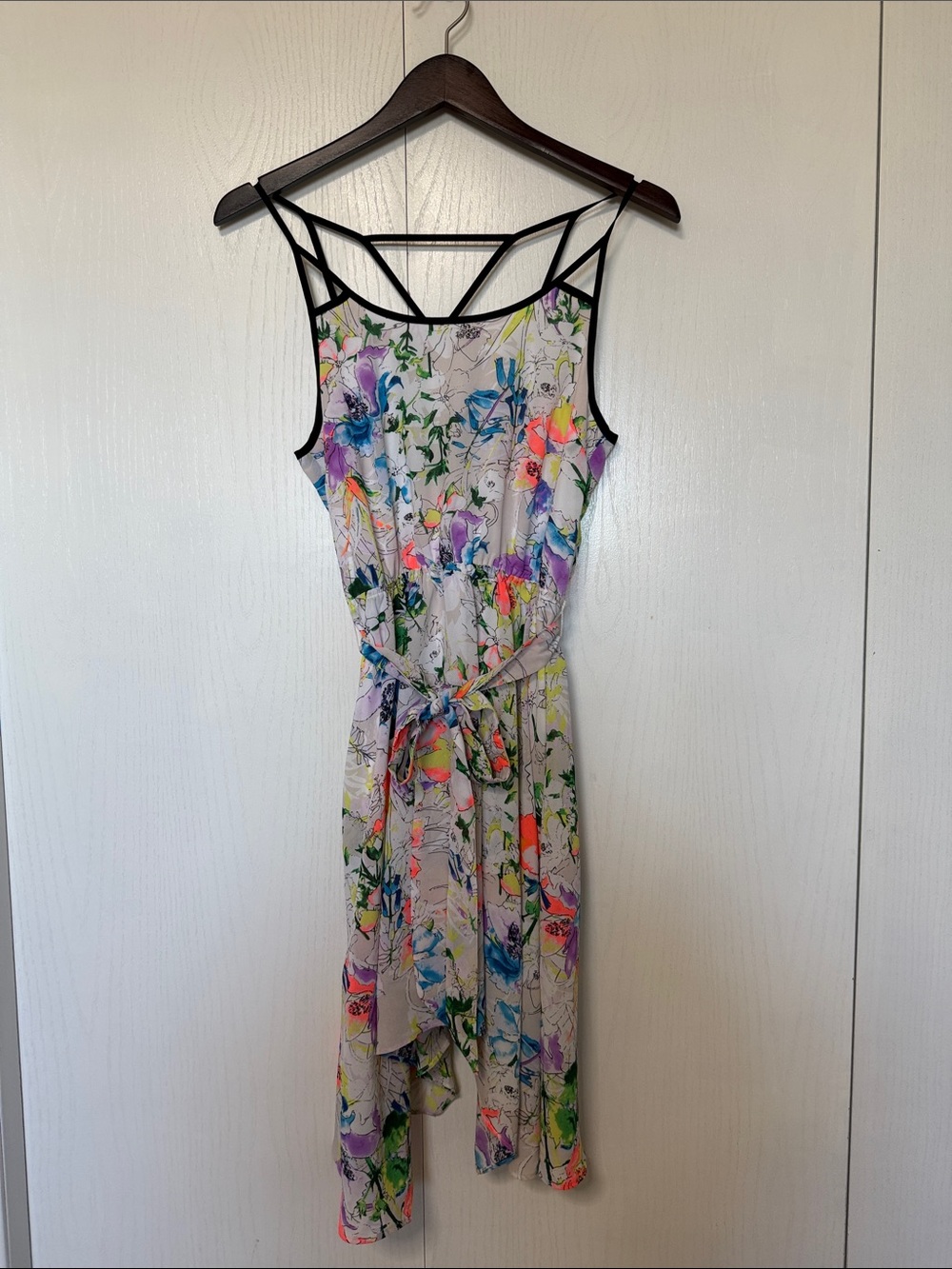 Dex Floral High-Low Midi Dress in Multi-Color with Black Trim